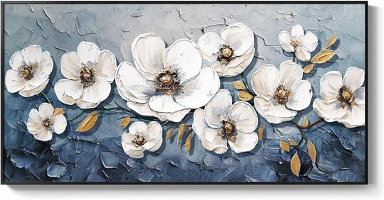 Large Framed Abstract Blue and White Floral Wall Art for Living Room (20x40 Inch)